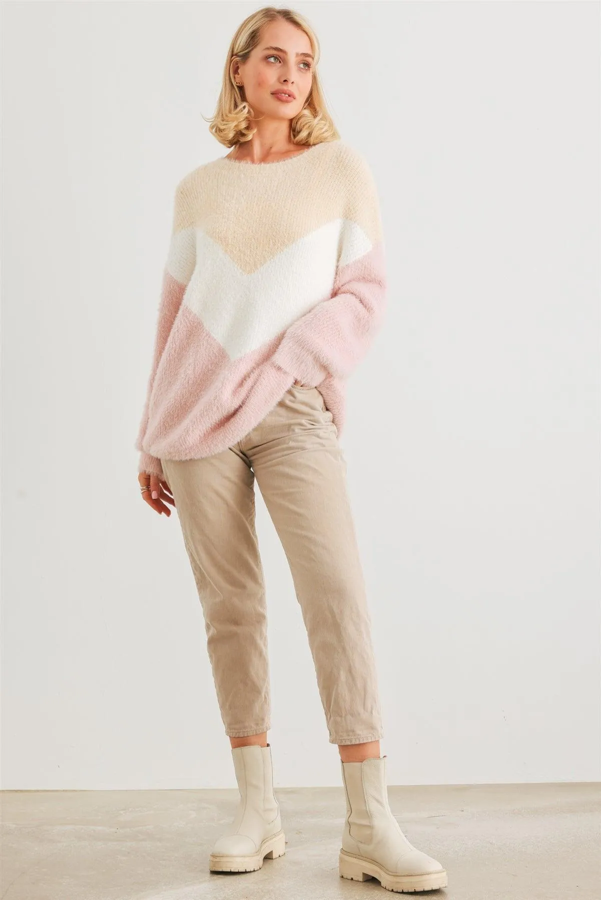 Cream Ivory Blush Colorblock Fuzzy Knit Long Sleeve Sweater /2-2-2