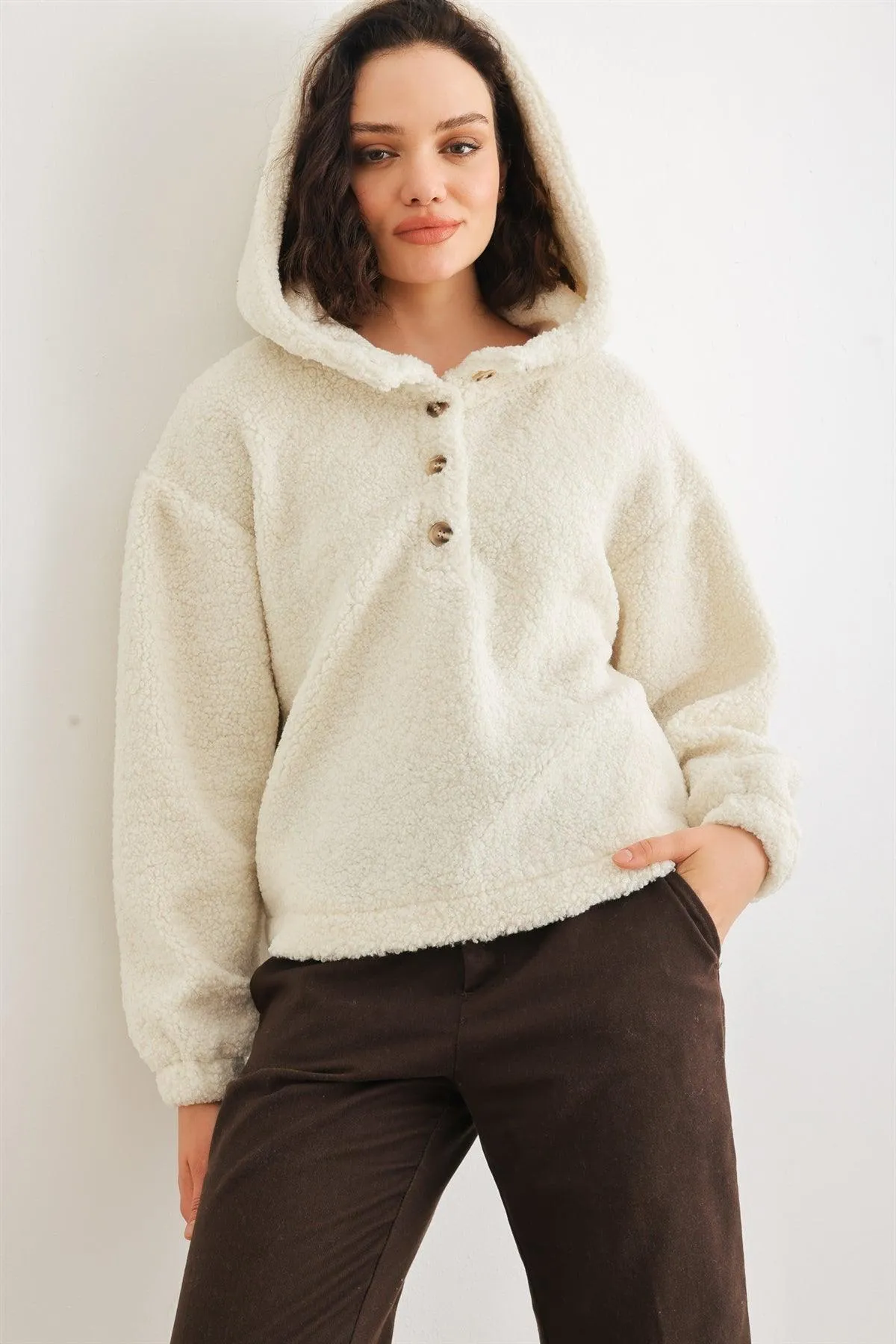 Cream Teddy Knit Button-Up Two Pocket Hooded Sweater /2-1-3