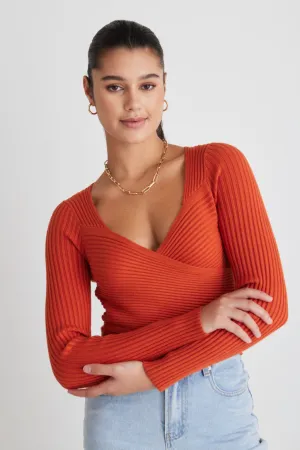 Criss-Cross Orange Wrap Rib Knit Top