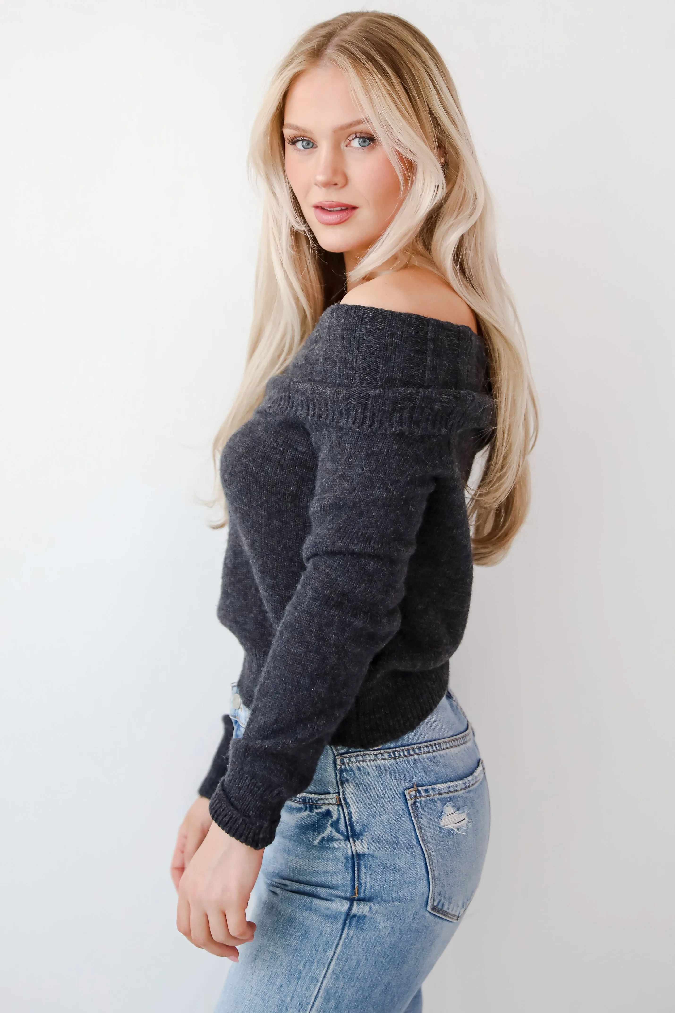 Dazzling Coziness Charcoal Off-The-Shoulder Sweater - DOORBUSTER