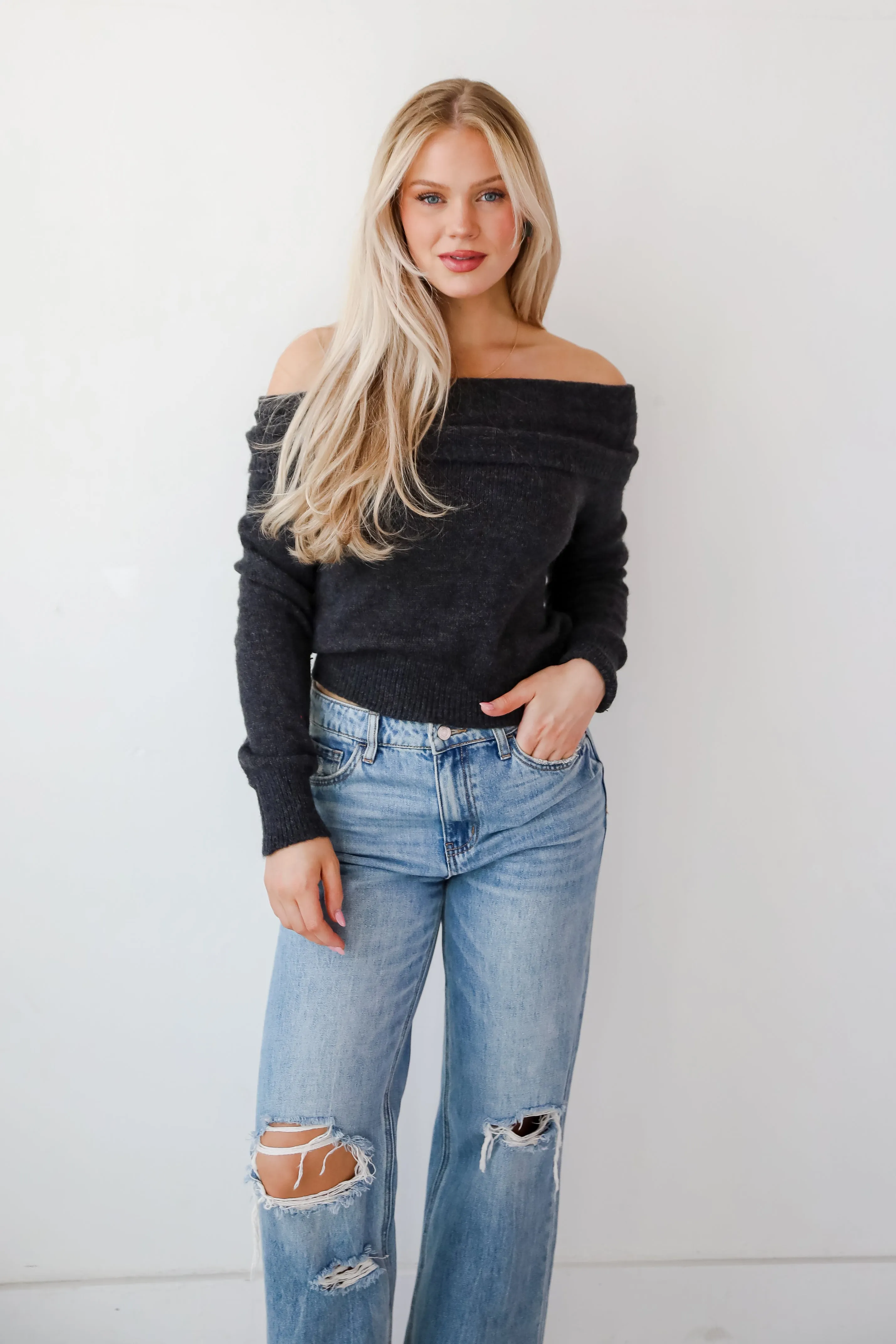 Dazzling Coziness Charcoal Off-The-Shoulder Sweater - DOORBUSTER