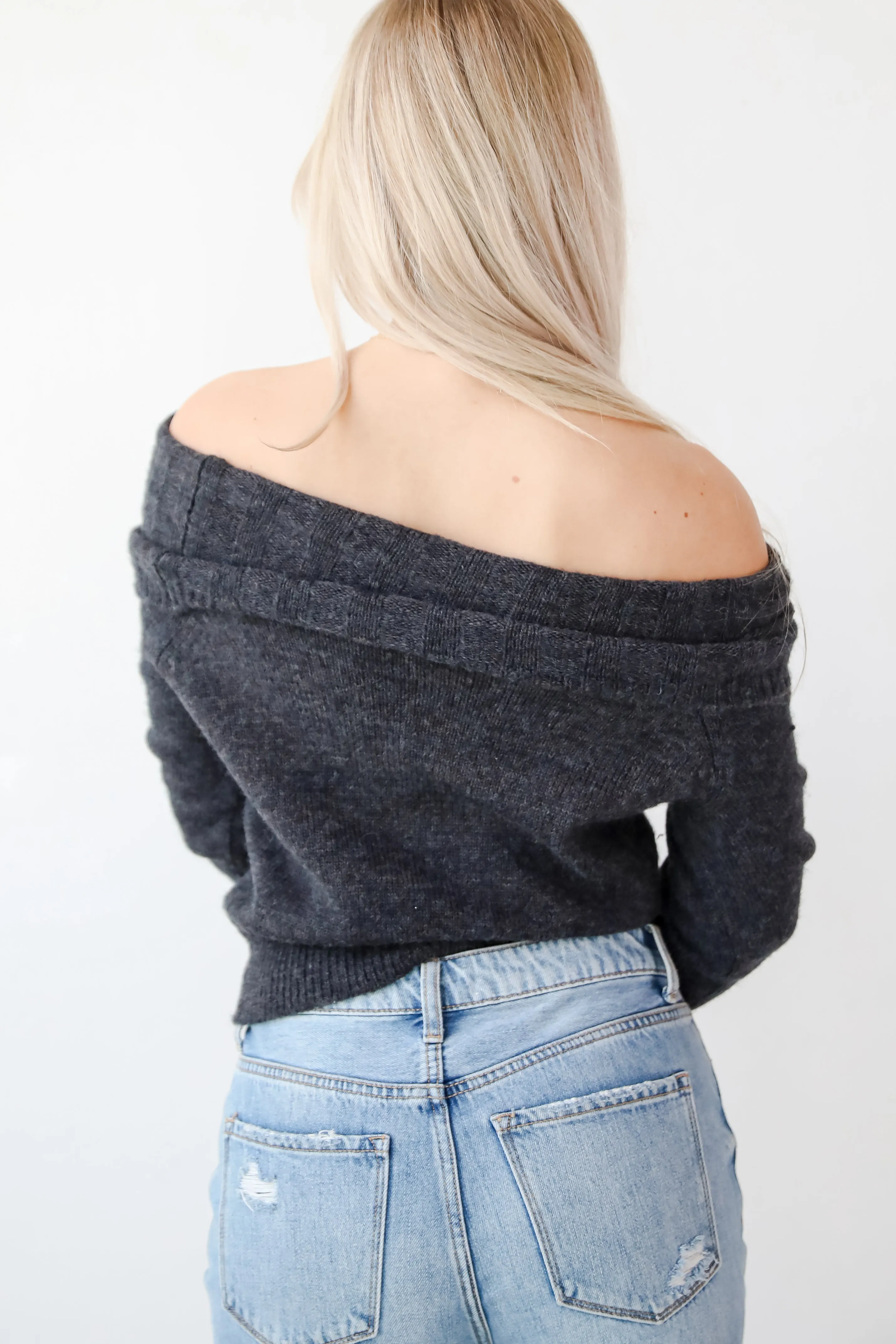 Dazzling Coziness Charcoal Off-The-Shoulder Sweater - DOORBUSTER