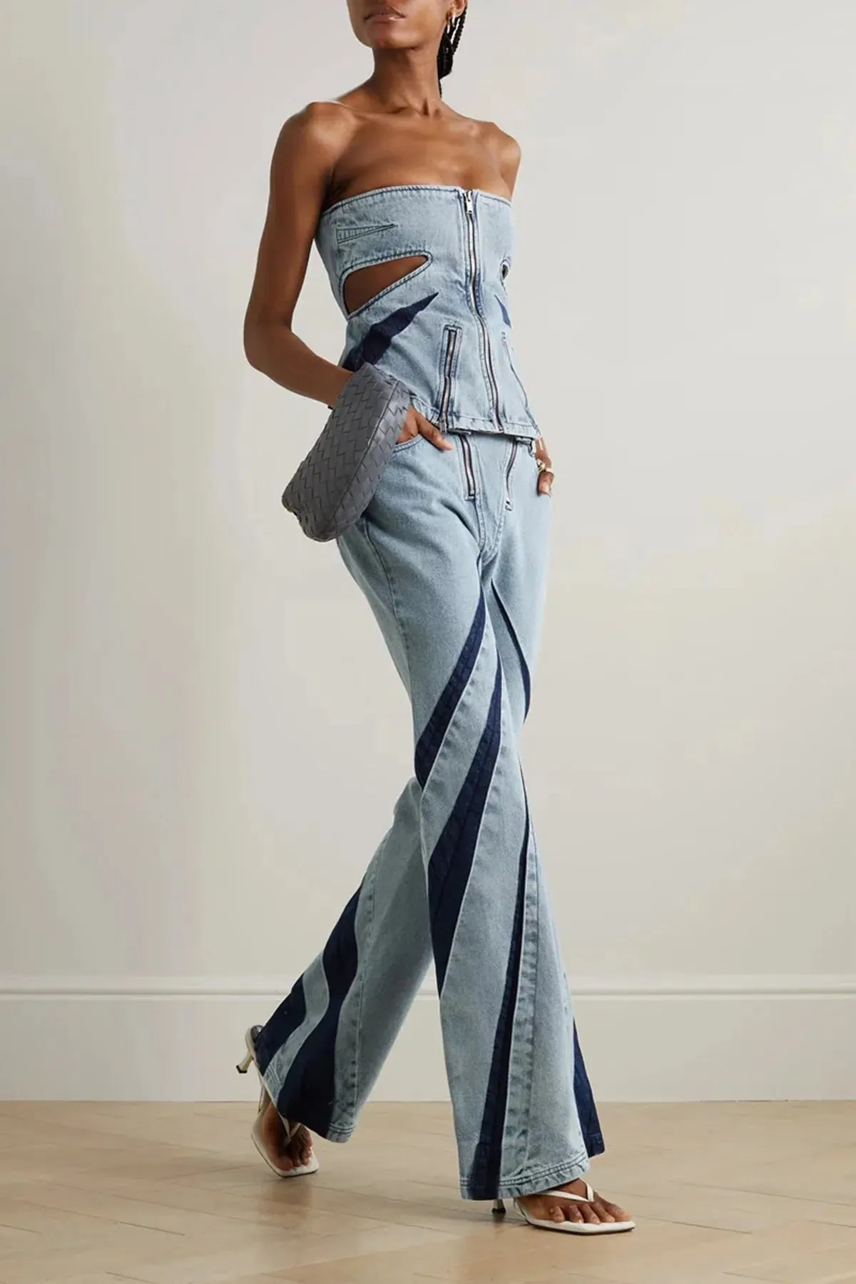 Denim Cut Out Tube Top & Patch Jeans Two Piece Set