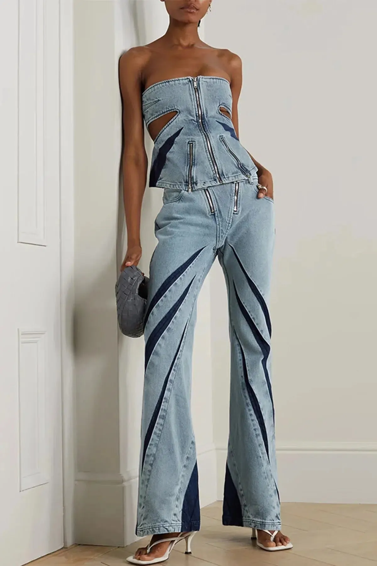 Denim Cut Out Tube Top & Patch Jeans Two Piece Set