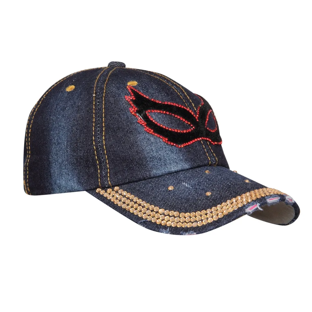 Denim Flare Dark Blue Studded Cap for Women and Girls, Adjustable strap