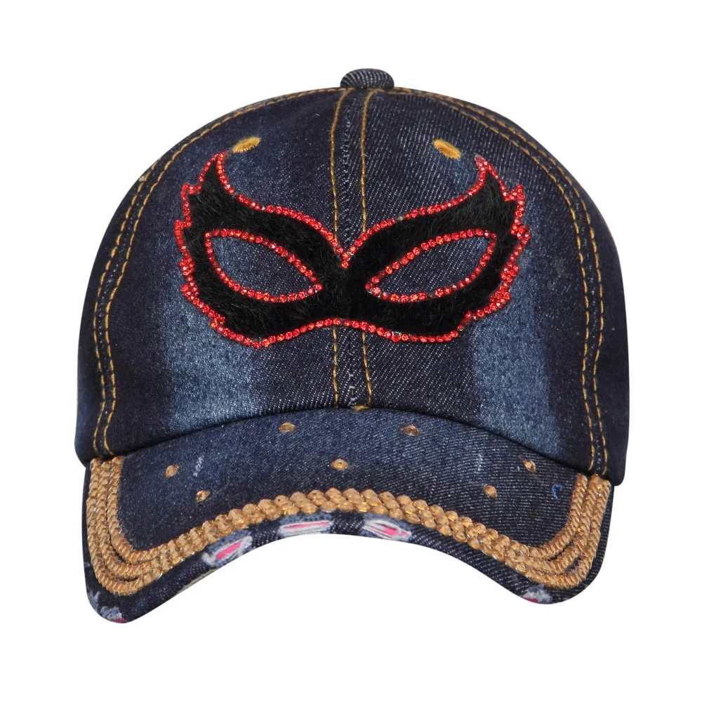 Denim Flare Dark Blue Studded Cap for Women and Girls, Adjustable strap