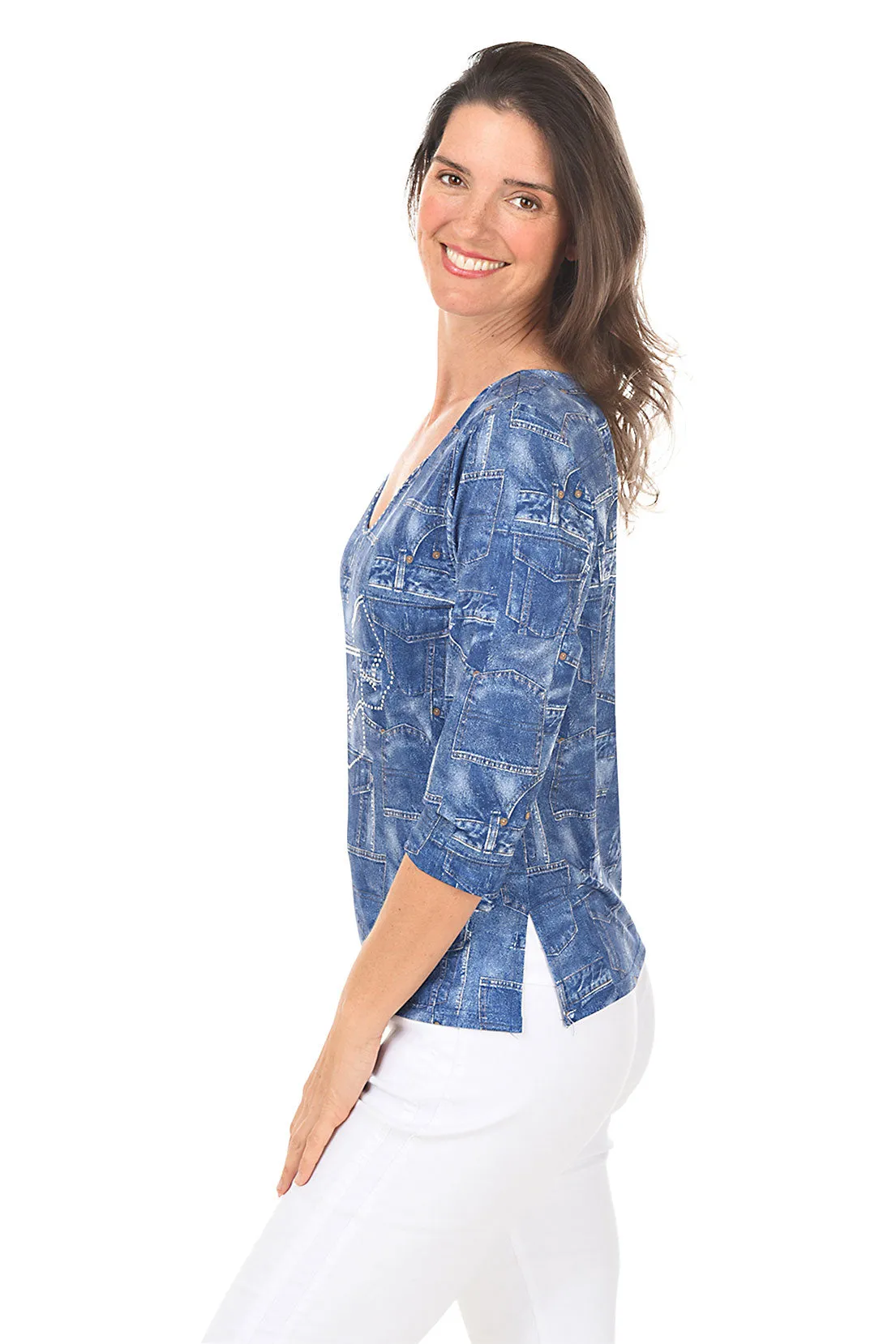 Denim Pockets Knit Top