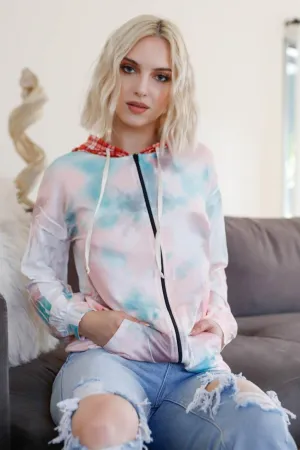 Dreamy Pastel Tie-Dye Plaid Accent Hoodie