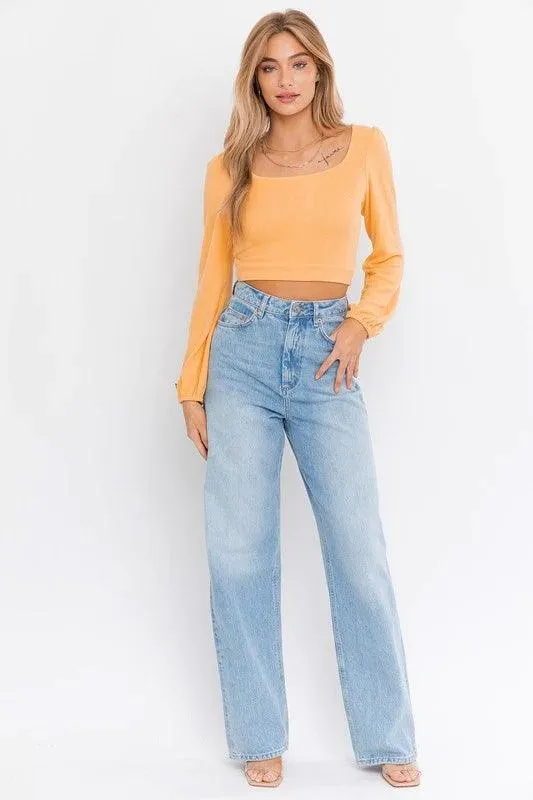 Dusty Yellow Long Sleeves Open Back Tie Crop Top /3-2-1