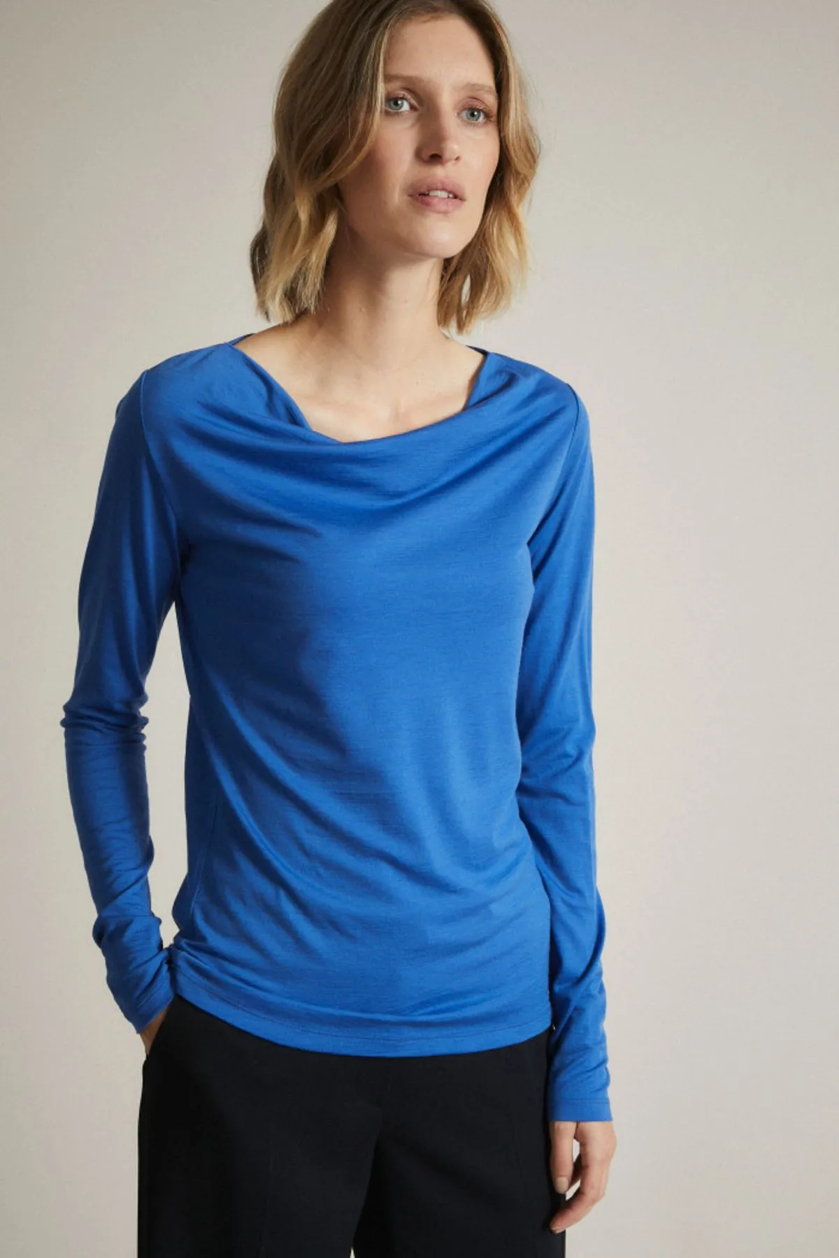 Electric Blue Waterfalll Neck Merino Wool Top Lanius