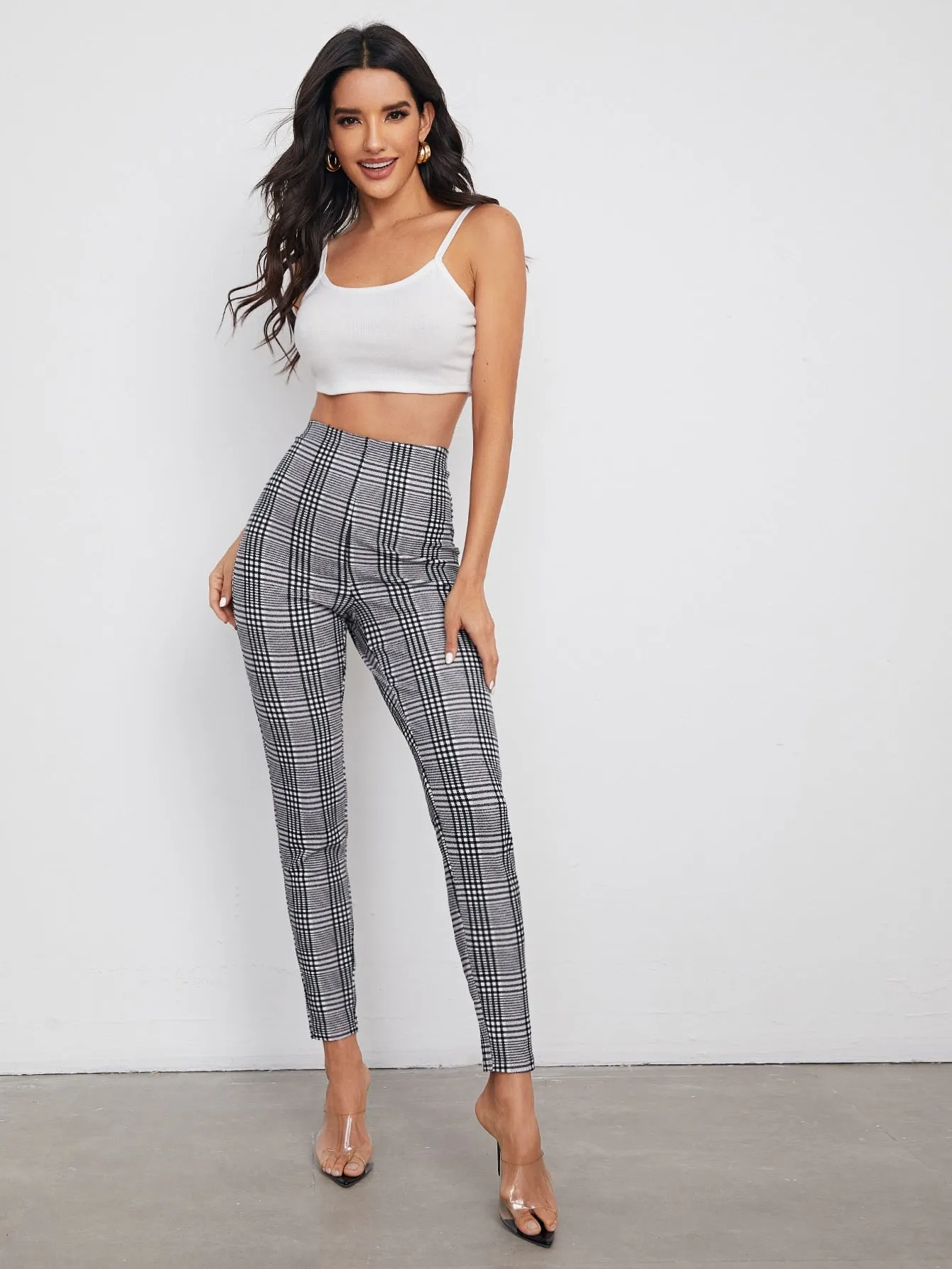 Elegant Plaid High Waist Cropped Women Pants