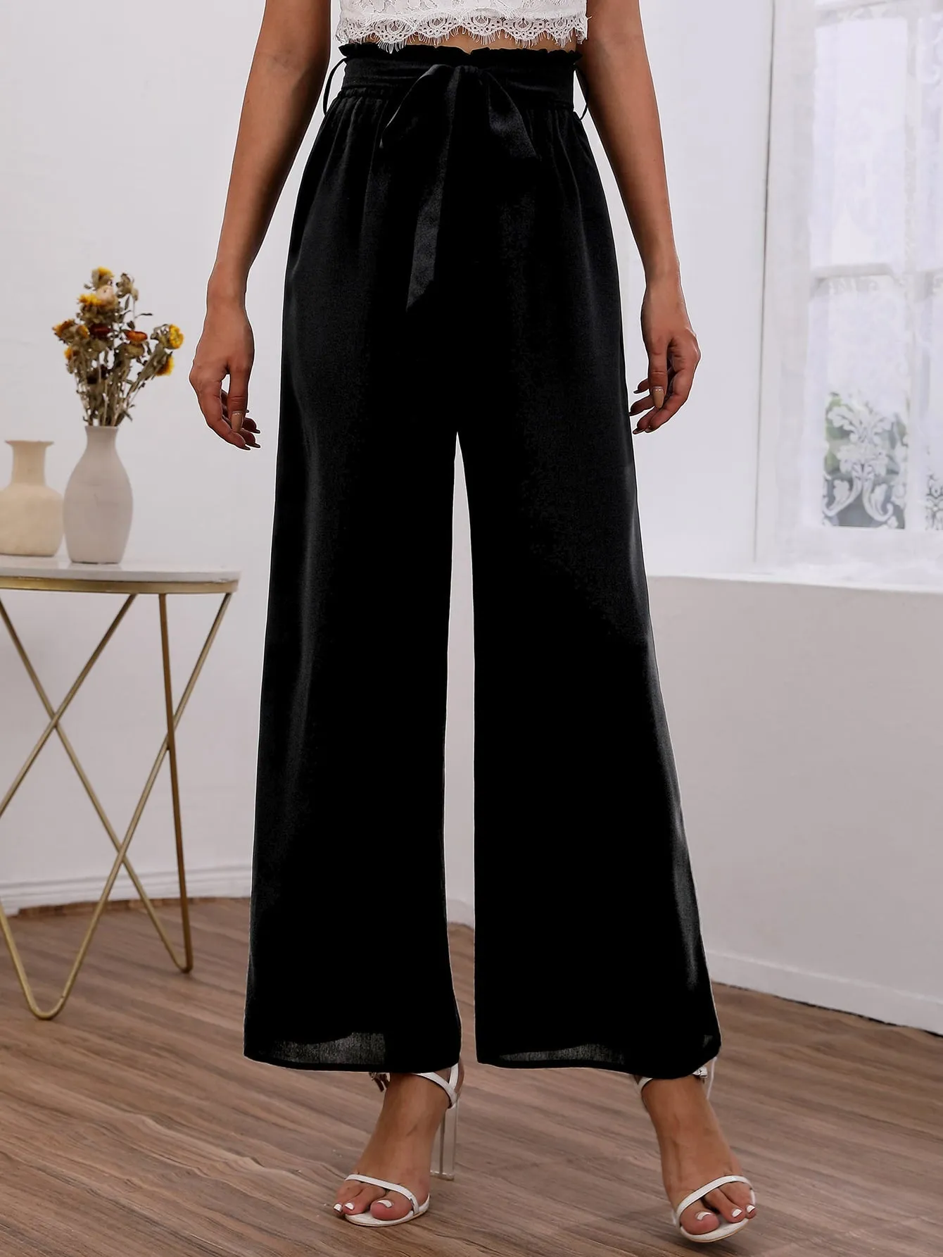 Elegant Plain Paper Bag Waist High Waist Long Womens Pants