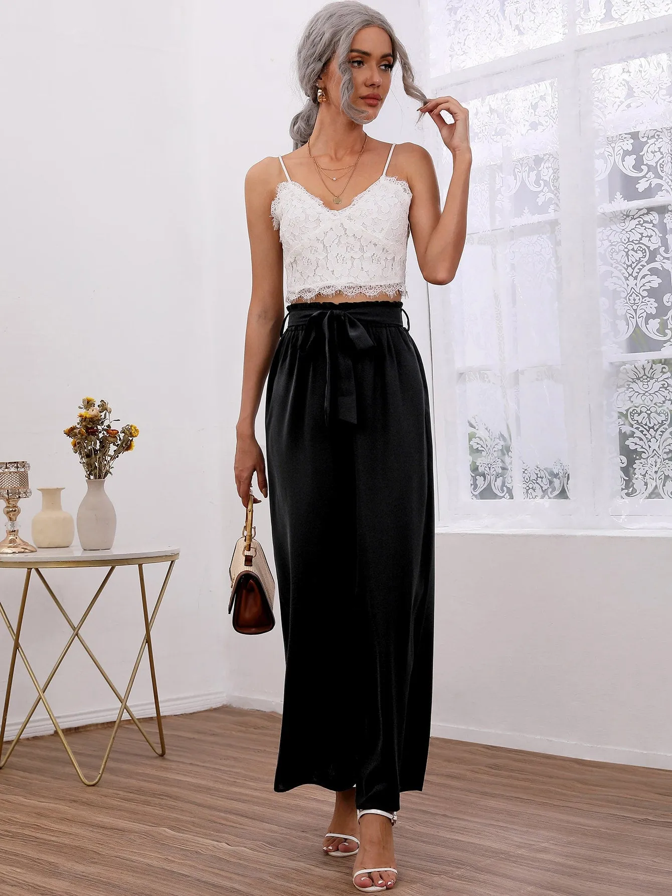 Elegant Plain Paper Bag Waist High Waist Long Womens Pants