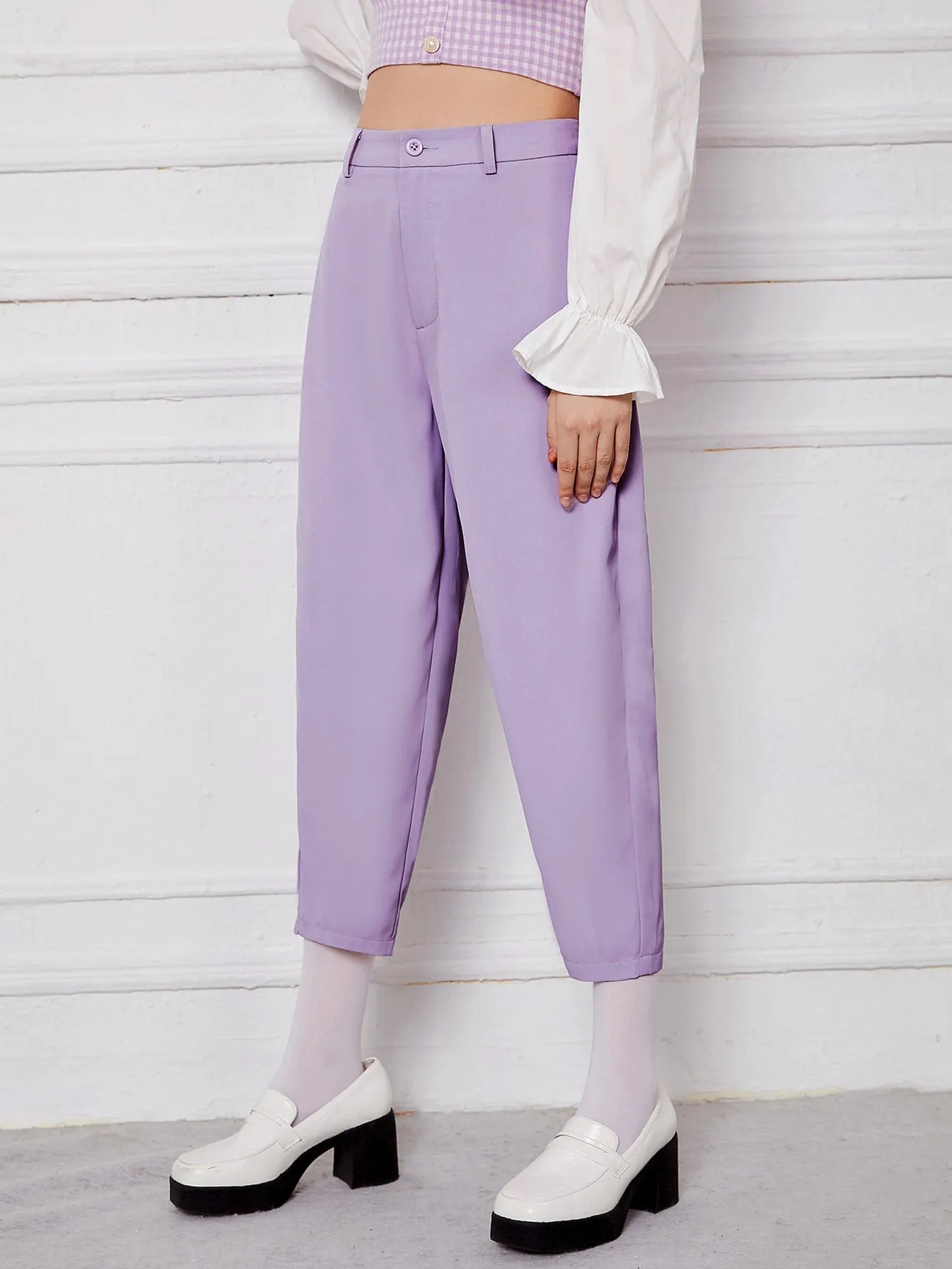 Elegant Plain Zipper High Waist Cropped Women Pants