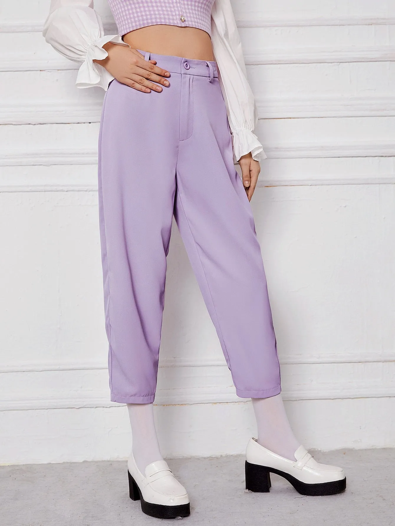 Elegant Plain Zipper High Waist Cropped Women Pants