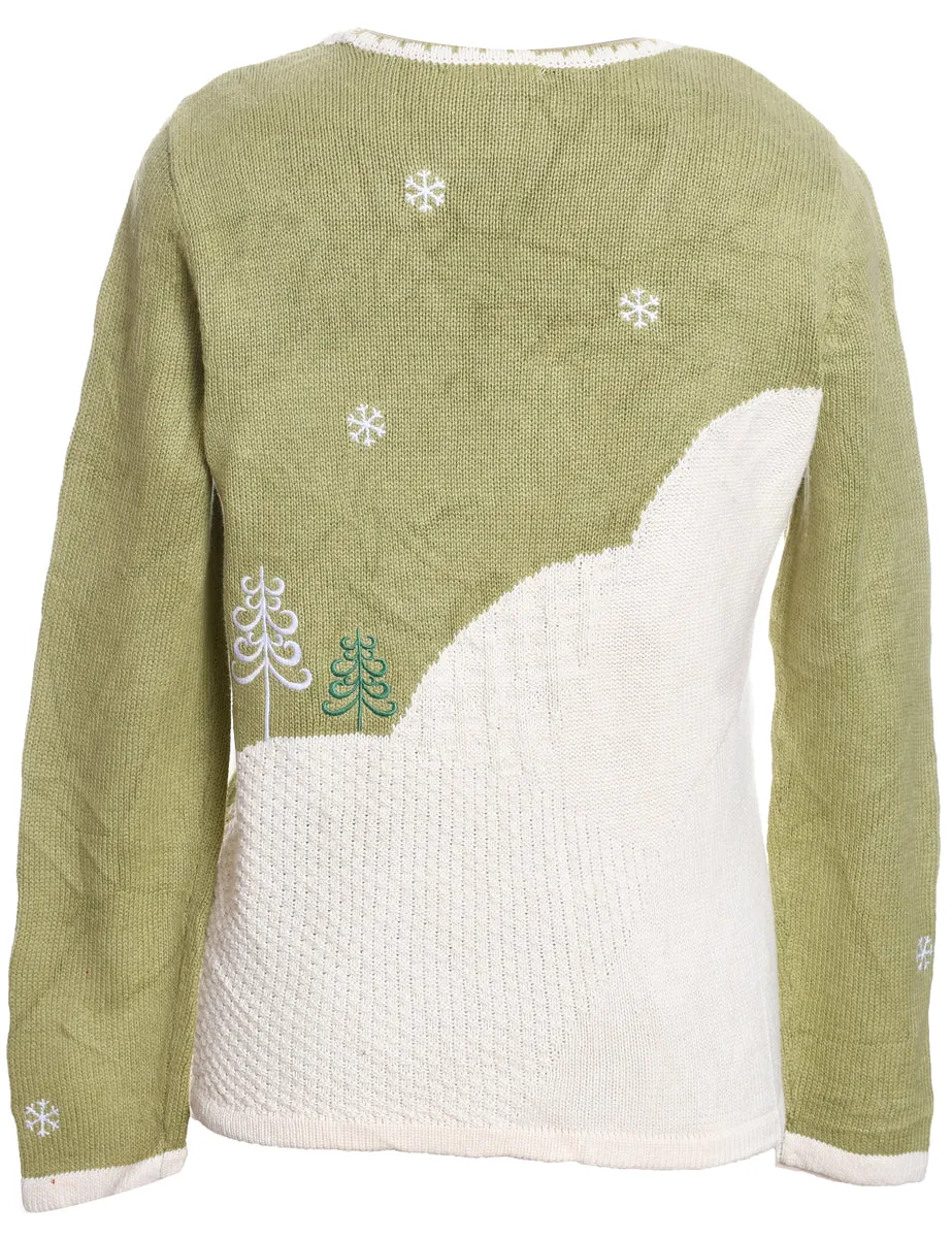 Embroidered Off-White & Light Green Knit Christmas Cardigan - M