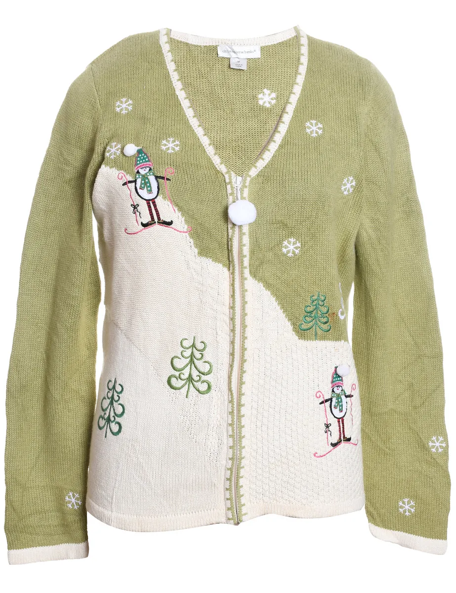 Embroidered Off-White & Light Green Knit Christmas Cardigan - M