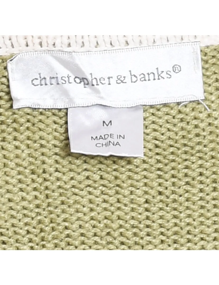 Embroidered Off-White & Light Green Knit Christmas Cardigan - M