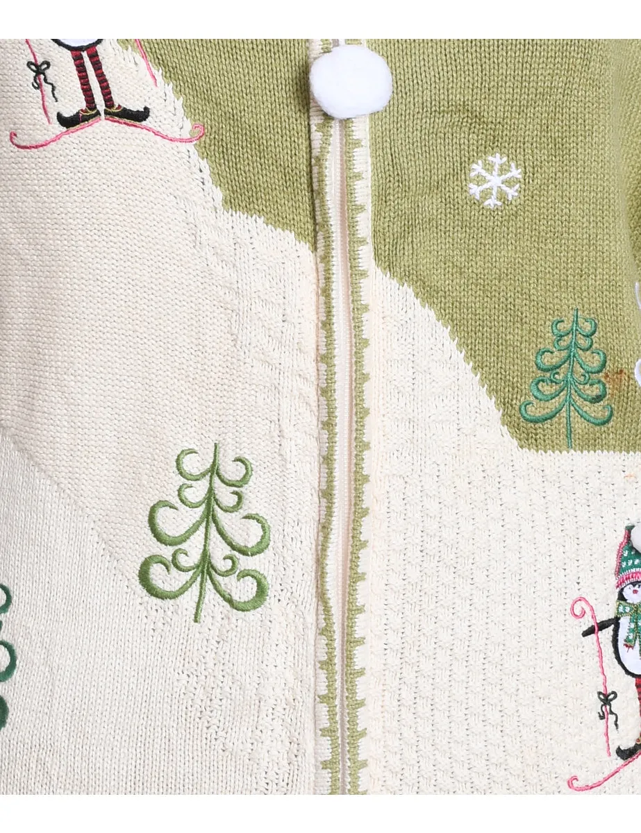 Embroidered Off-White & Light Green Knit Christmas Cardigan - M