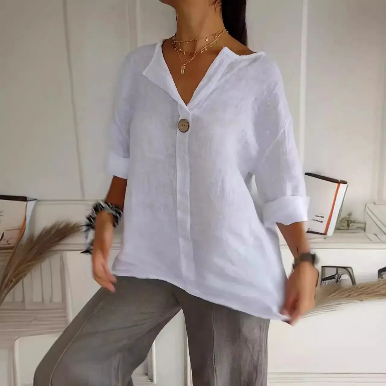 European And American Loose T-shirt Women's V-neck Cotton And Linen Button Top