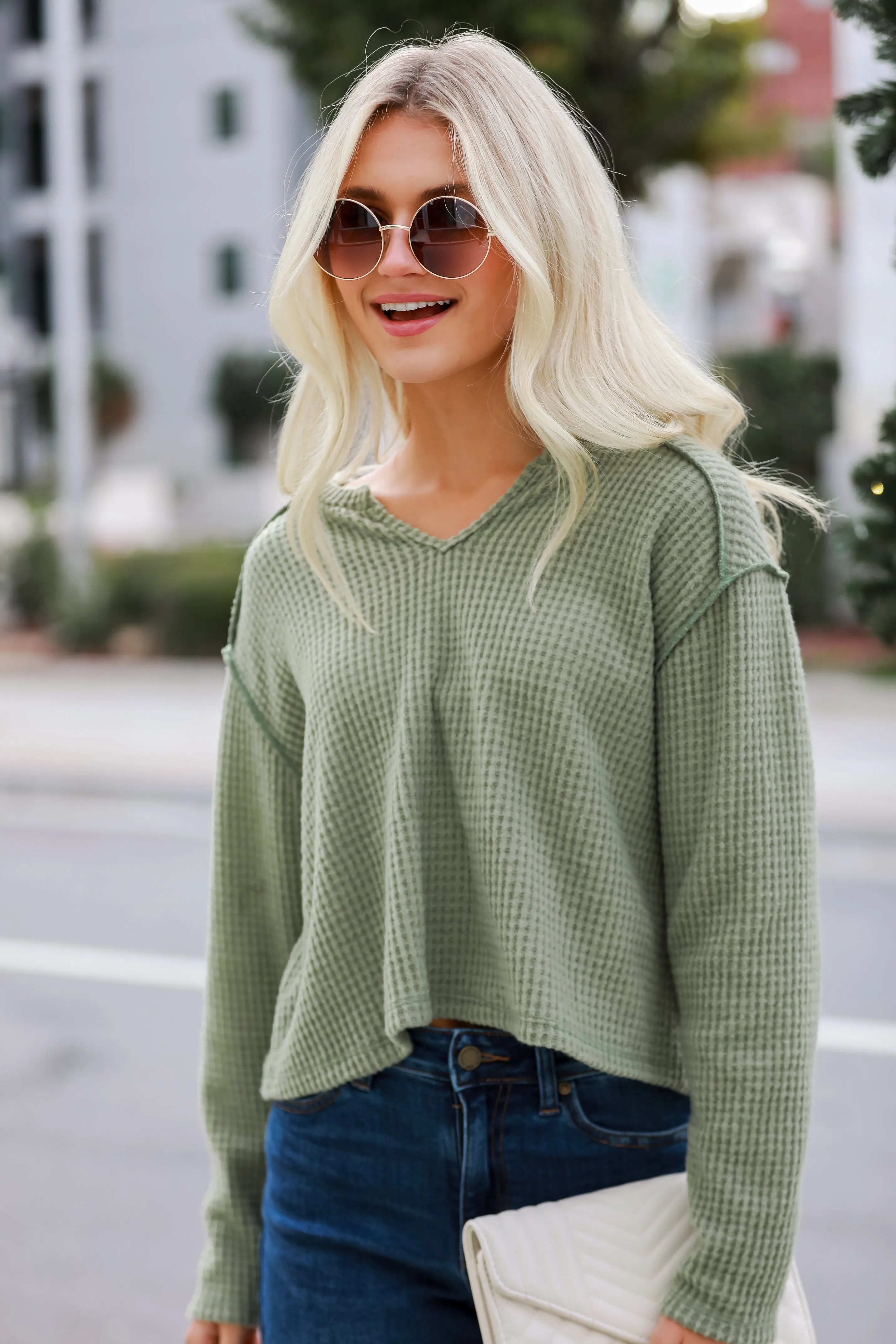 FINAL SALE - All Day Fave Sage Brushed Waffle Knit Top - DOORBUSTER