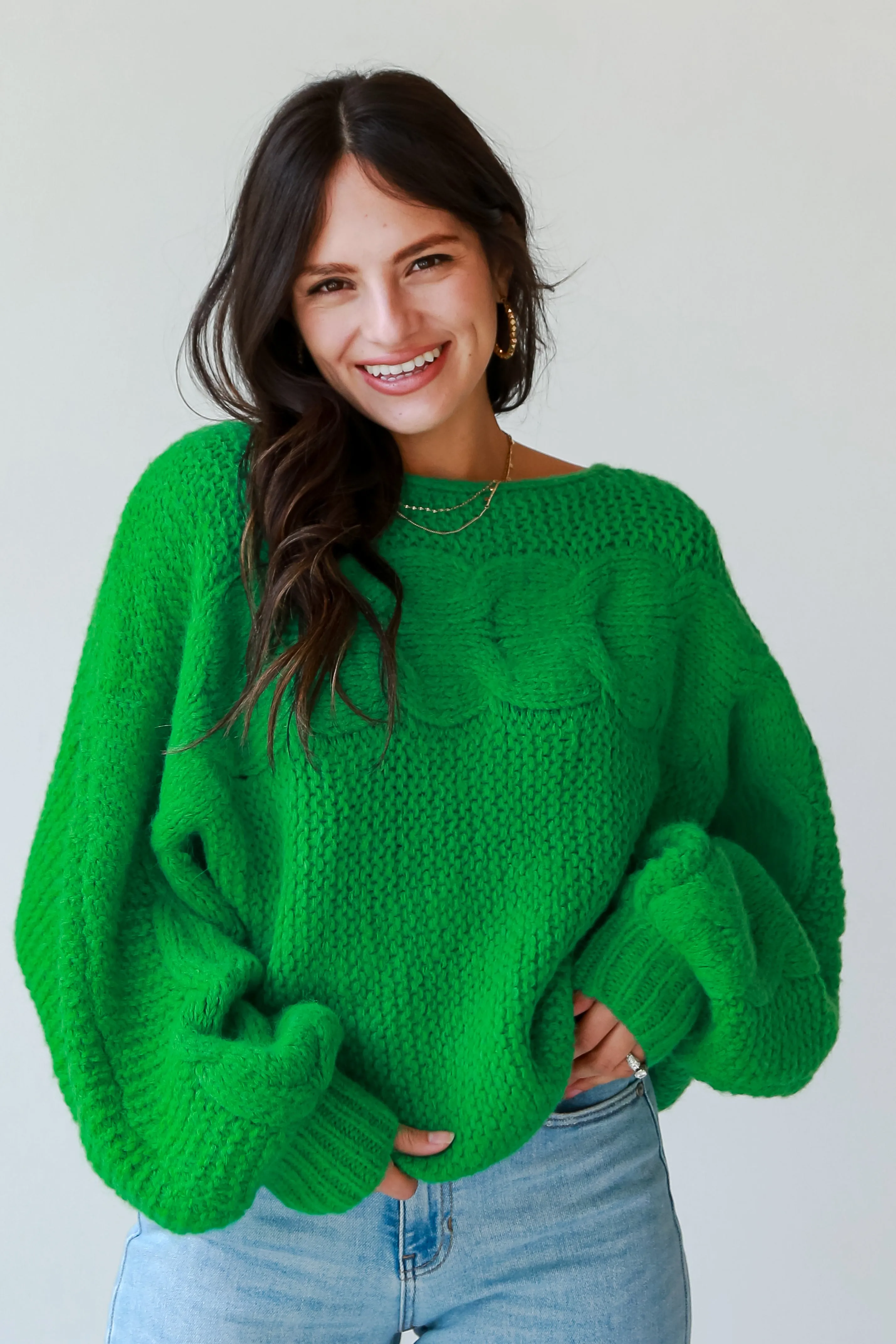 FINAL SALE - Luxe Outing Kelly Green Cable Knit Oversized Sweater