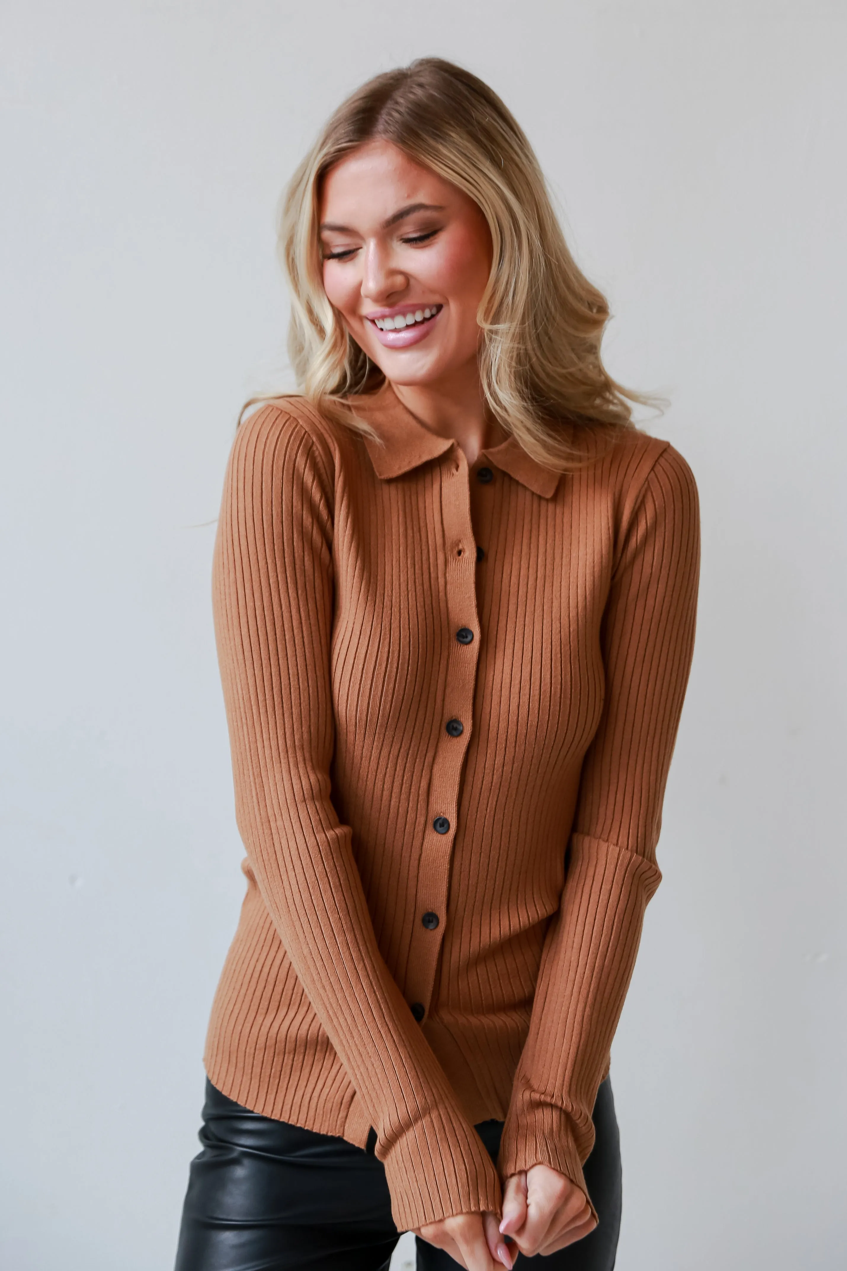 FINAL SALE - Tell You Everything Camel Ribbed Knit Button-Up Top