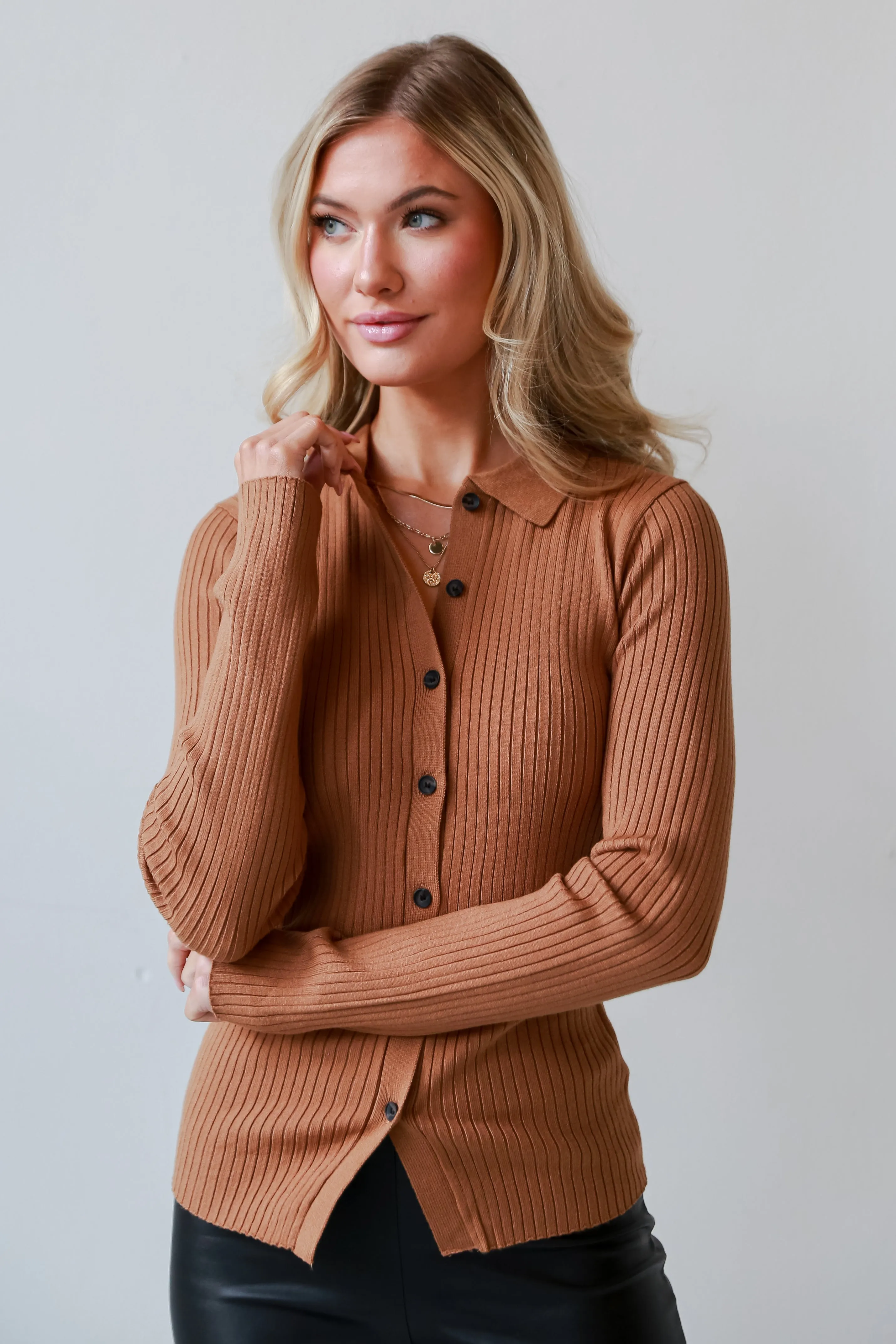 FINAL SALE - Tell You Everything Camel Ribbed Knit Button-Up Top