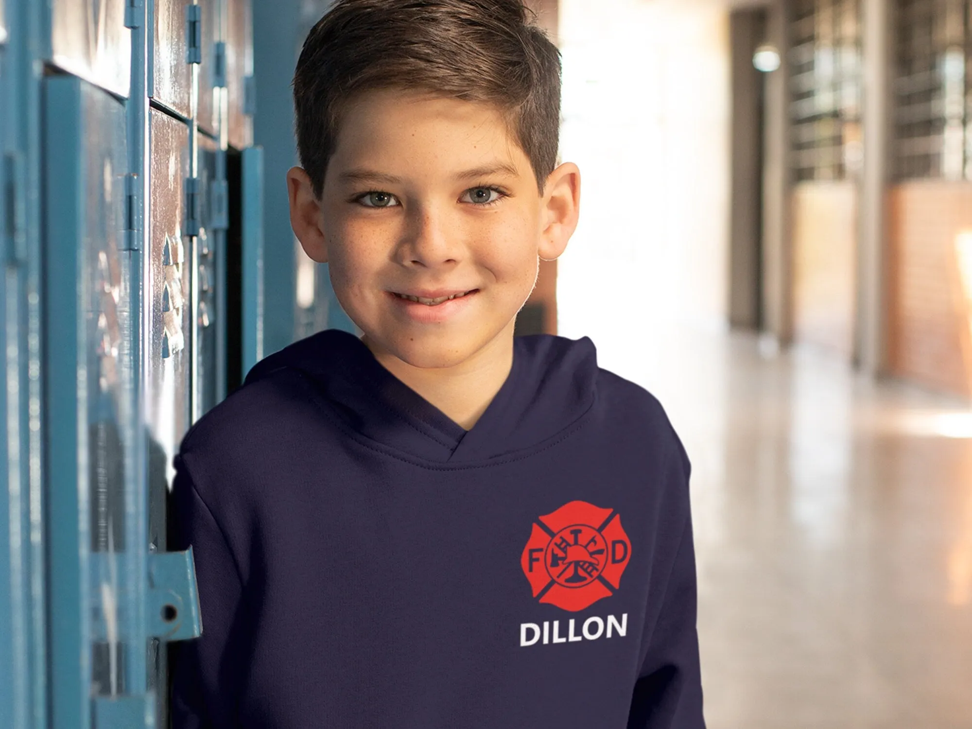 Firefighter Youth Sized Hoodie in Navy with Maltese Cross and Personalized Name - Optional Fire Department on Back