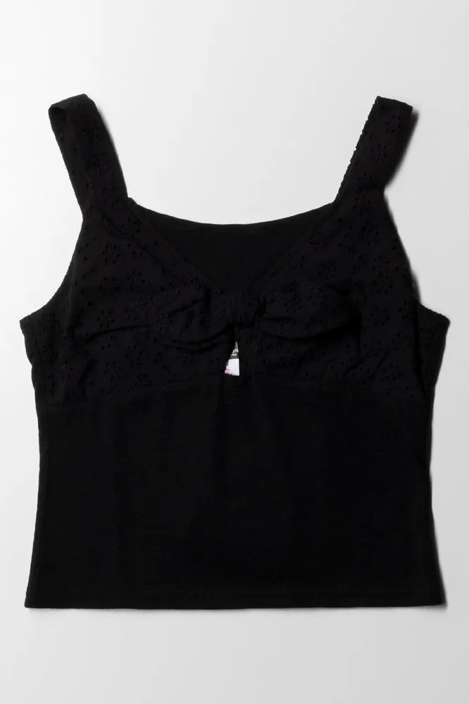 Front Tie Smoked Knit Top Black