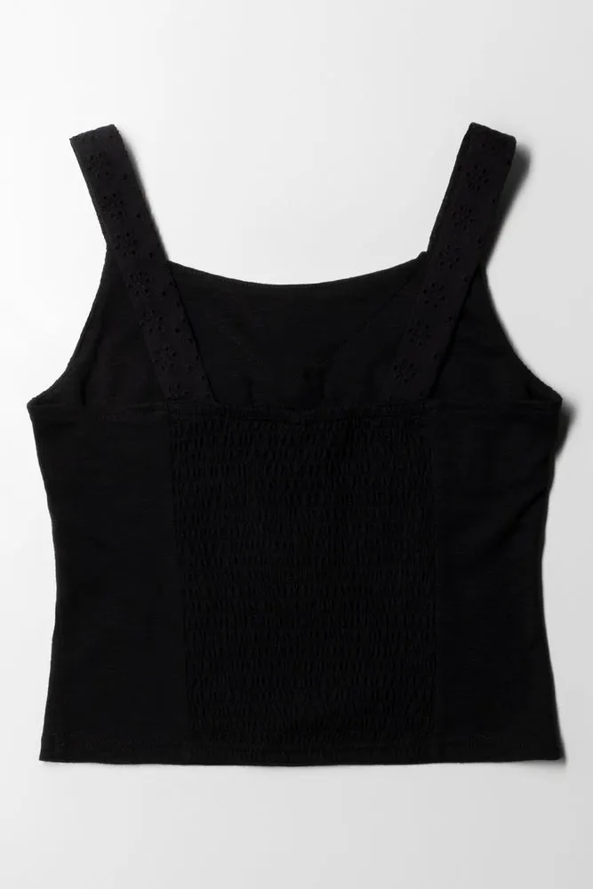 Front Tie Smoked Knit Top Black