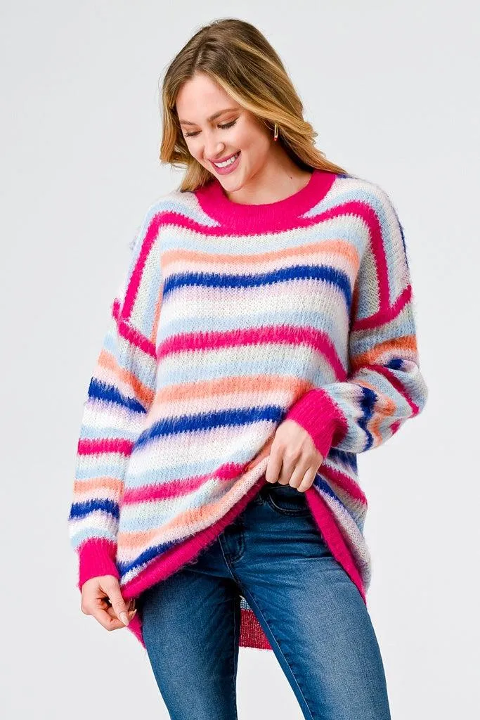 Fuchsia Mix Stripe Knit Long Sleeve Knit Sweater