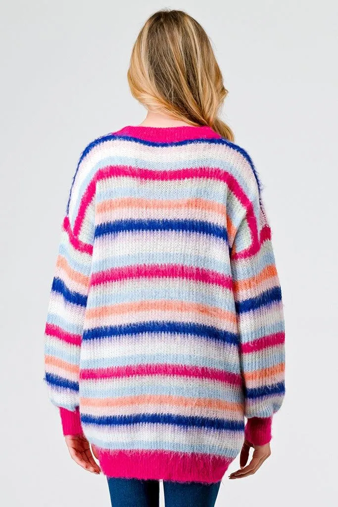 Fuchsia Mix Stripe Knit Long Sleeve Sweater /3-2-2