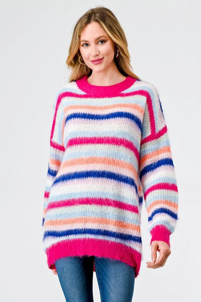 Fuchsia Mix Stripe Knit Long Sleeve Sweater /3-2-2