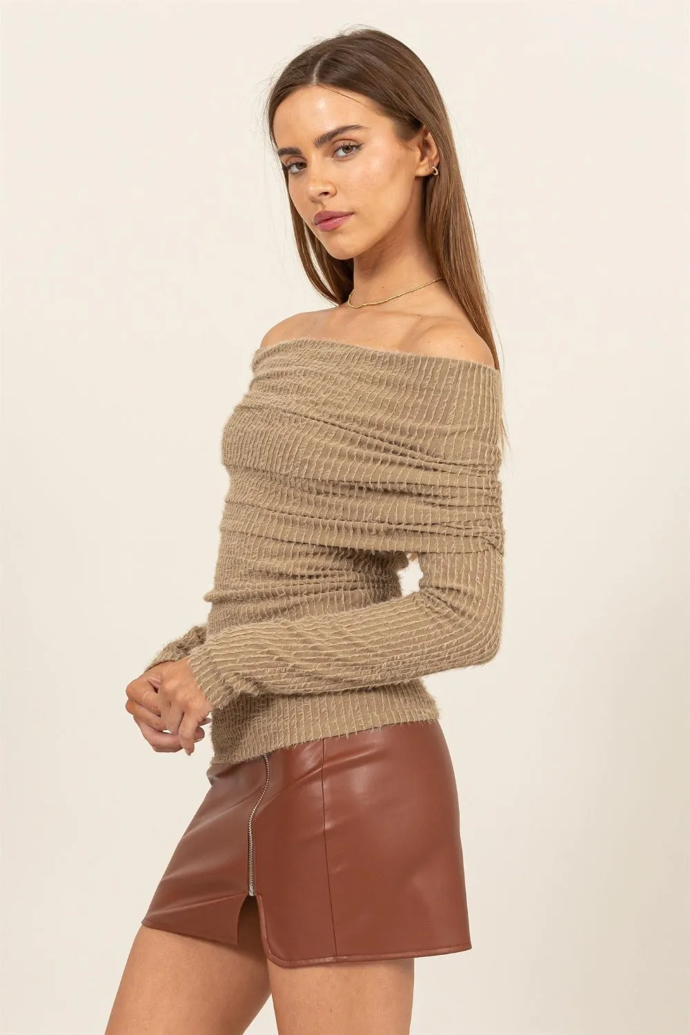 Fuzzy Off Shoulder Textured Knit Top