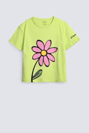 GIRLS DROP SHOULDER FLOWER T SHIRT