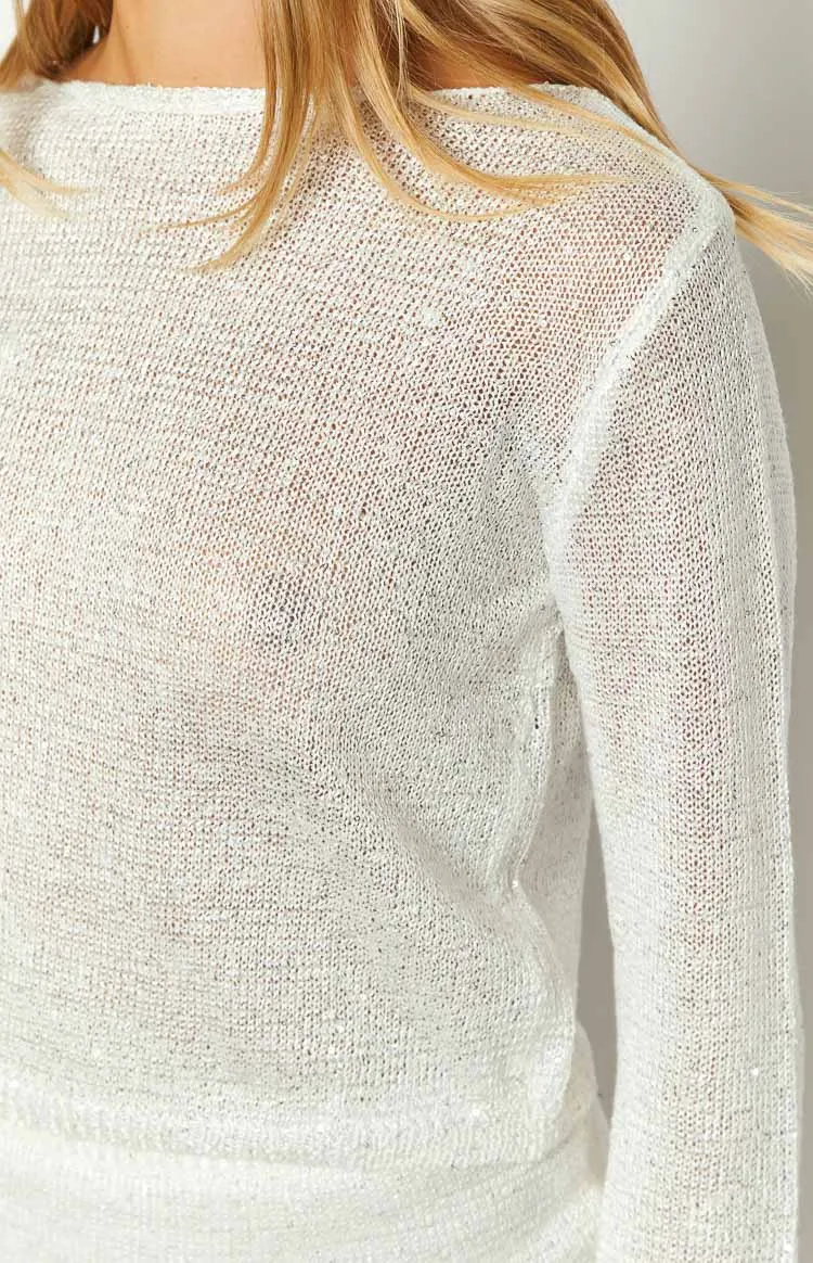 Glitter Glam White Long Sleeve Top