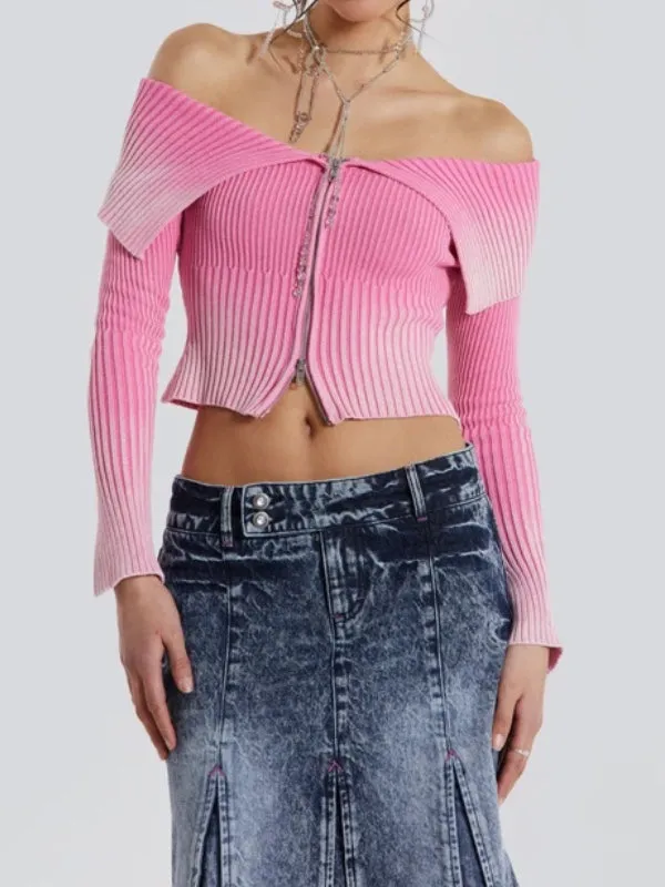 Gradient Zipper Open Shoulder Knitted Top