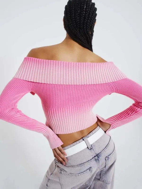 Gradient Zipper Open Shoulder Knitted Top