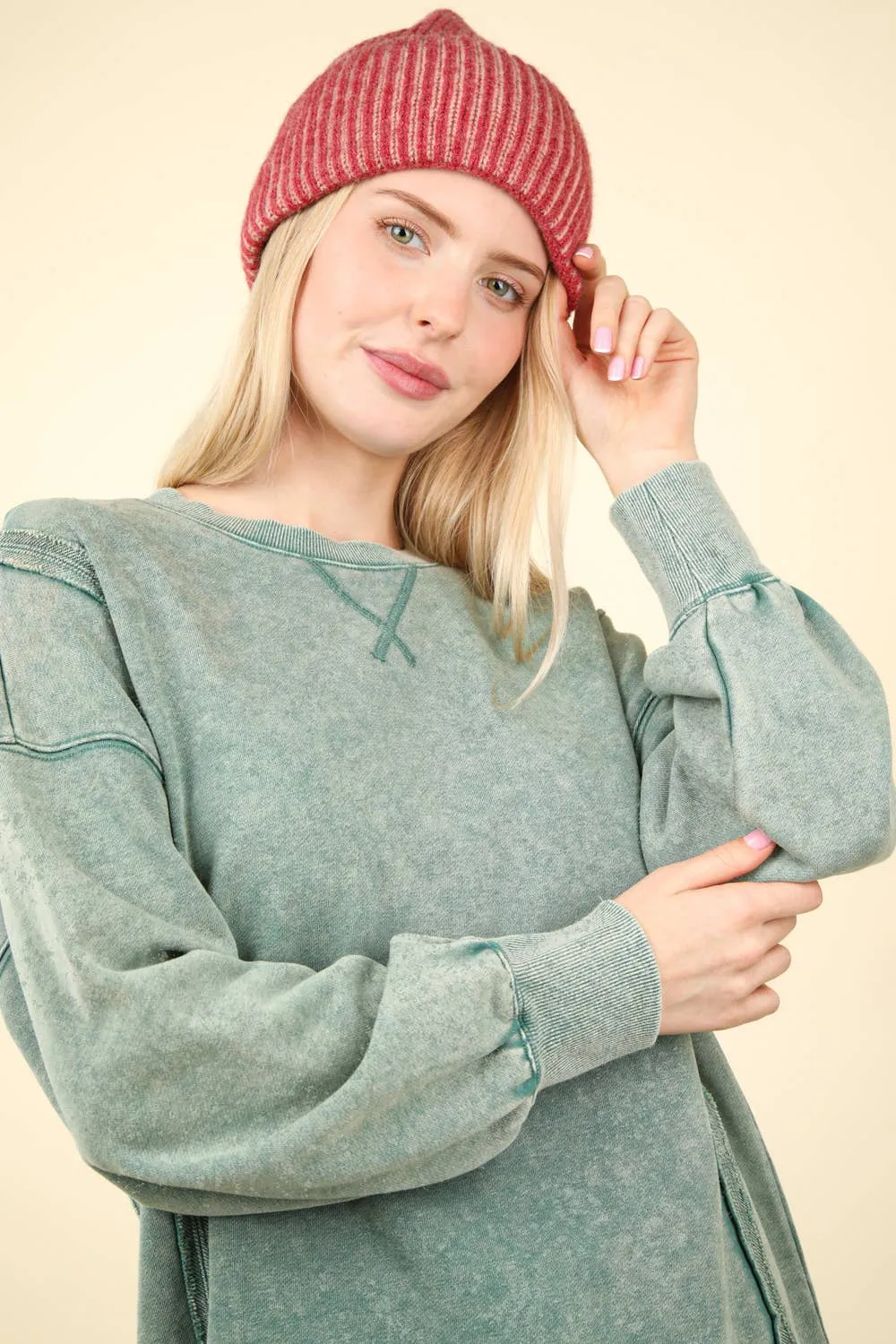 Green Mineral Washed French Terry Oversized Knit Top