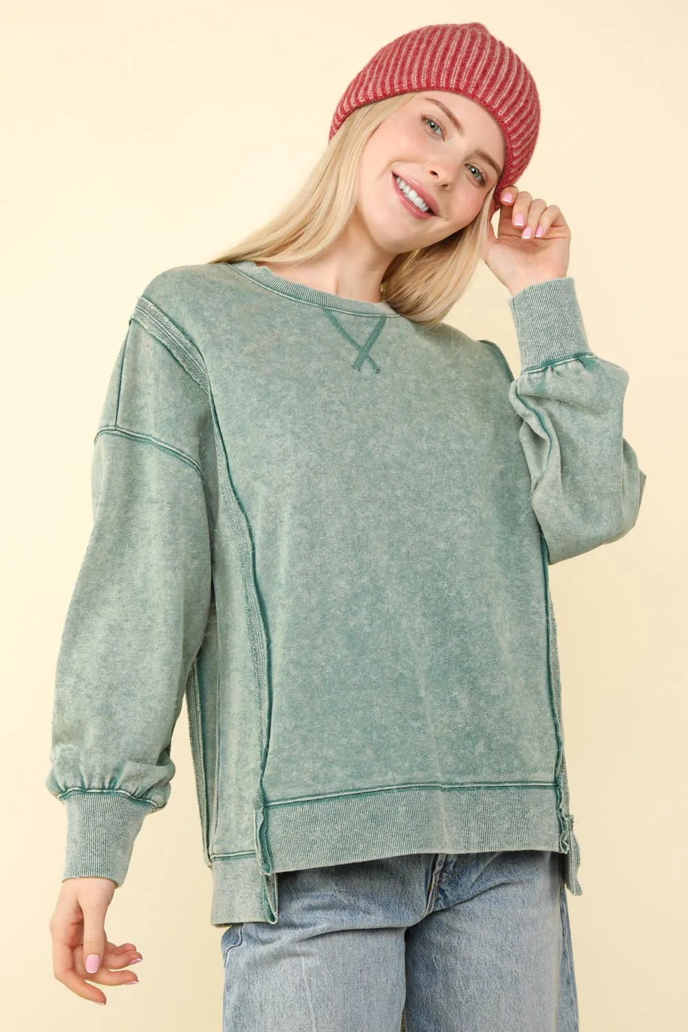 Green Mineral Washed French Terry Oversized Knit Top