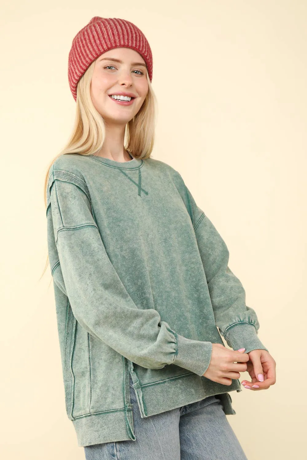 Green Mineral Washed French Terry Oversized Knit Top