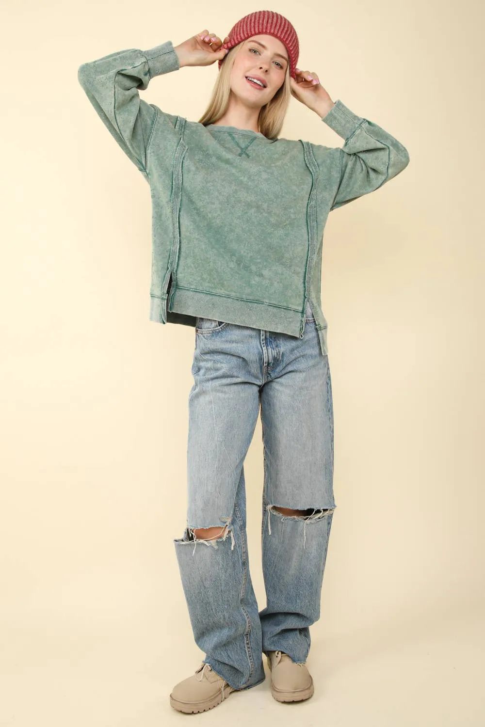 Green Mineral Washed French Terry Oversized Knit Top