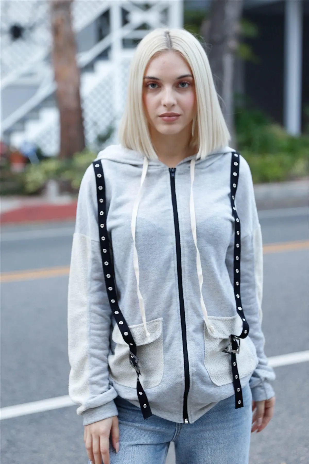 Grey Contrast Belt & Reversed Details Zip-Up Hoodie Sweatshirt /2-2-2