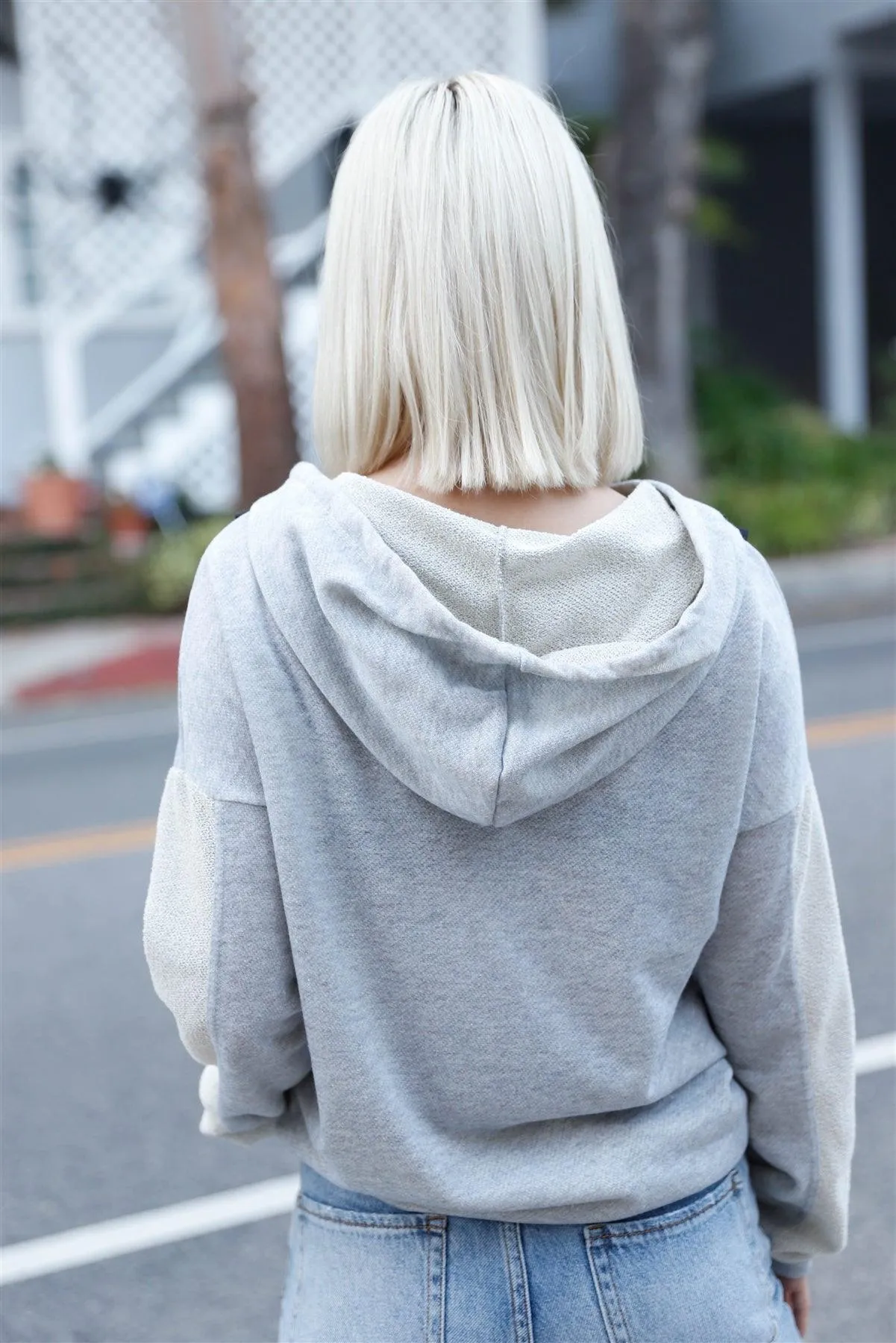 Grey Contrast Belt & Reversed Details Zip-Up Hoodie Sweatshirt /2-2-2