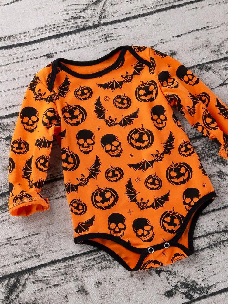 Halloween Pumpkin Bat Skull Printed Baby Bodysuit