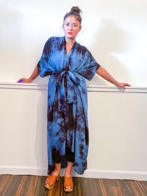 Hand-Dyed High Low Kimono Classic Blue Black Overdye