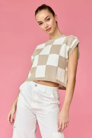 Hannah Loose Fit Checker Knit Top Taupe