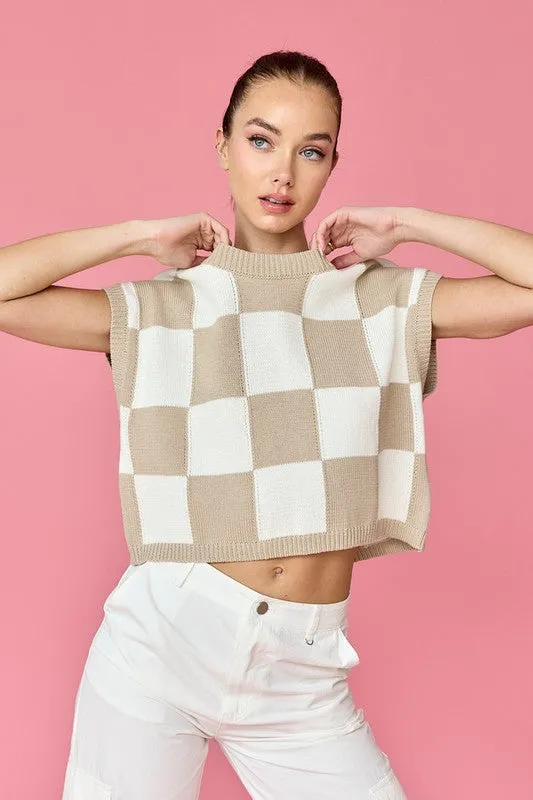 Hannah Loose Fit Checker Knit Top Taupe