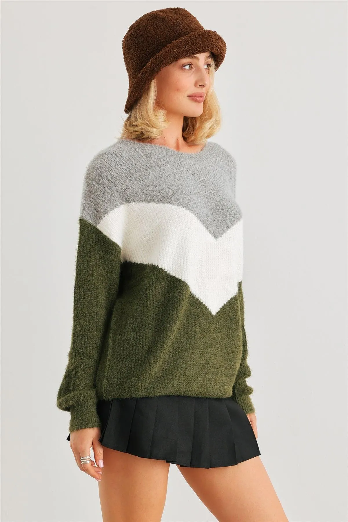 Heather Grey Green Colorblock Fuzzy Knit Long Sleeve Sweater /2-2-2